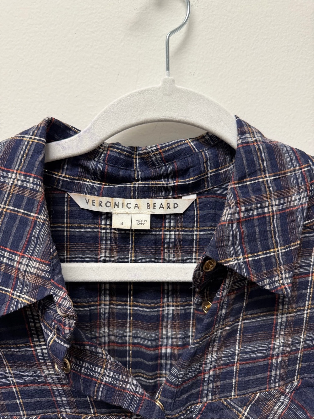 Veronica Beard Navy and White Plaid Long-Sleeve Shirt Dress - Picture 3 of 4